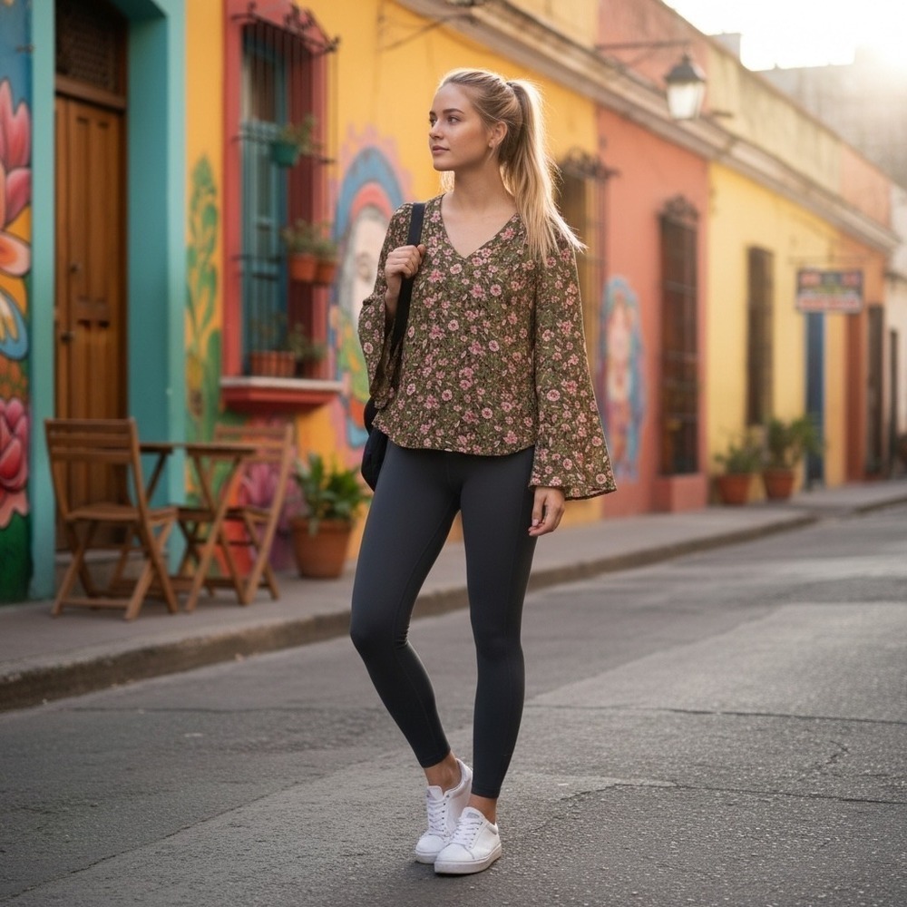 Jessica Simpson Floral Print V Neck Bell Sleeve Blouse Top‎ XS Green Pink